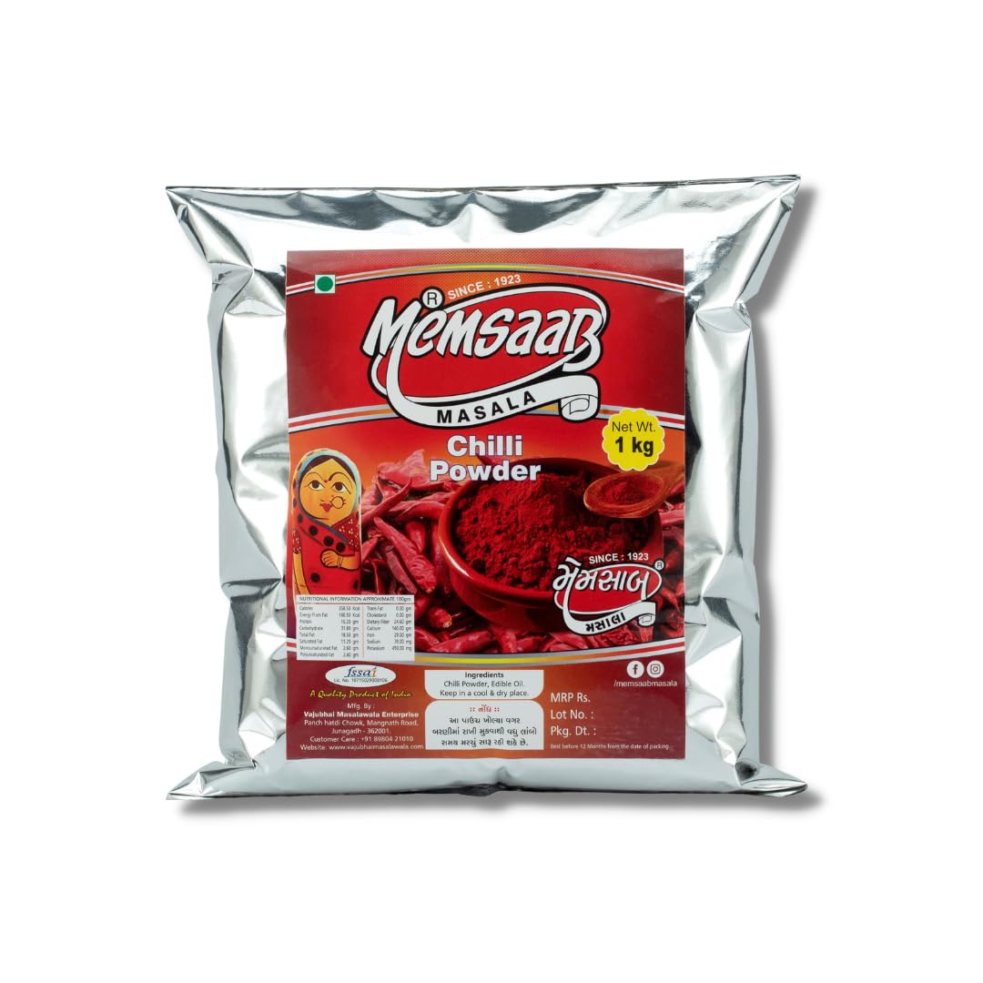 Memsaab Chili Powder | Lal Mirch Powder | Dandicut (Stemless) (1kg, Kashmiri - Less Spicy)