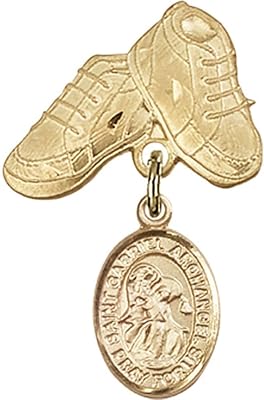 Gold Filled Baby Badge with St. Gabriel The Archangel Charm and Baby Boots Pin 1 X 5/8 inches