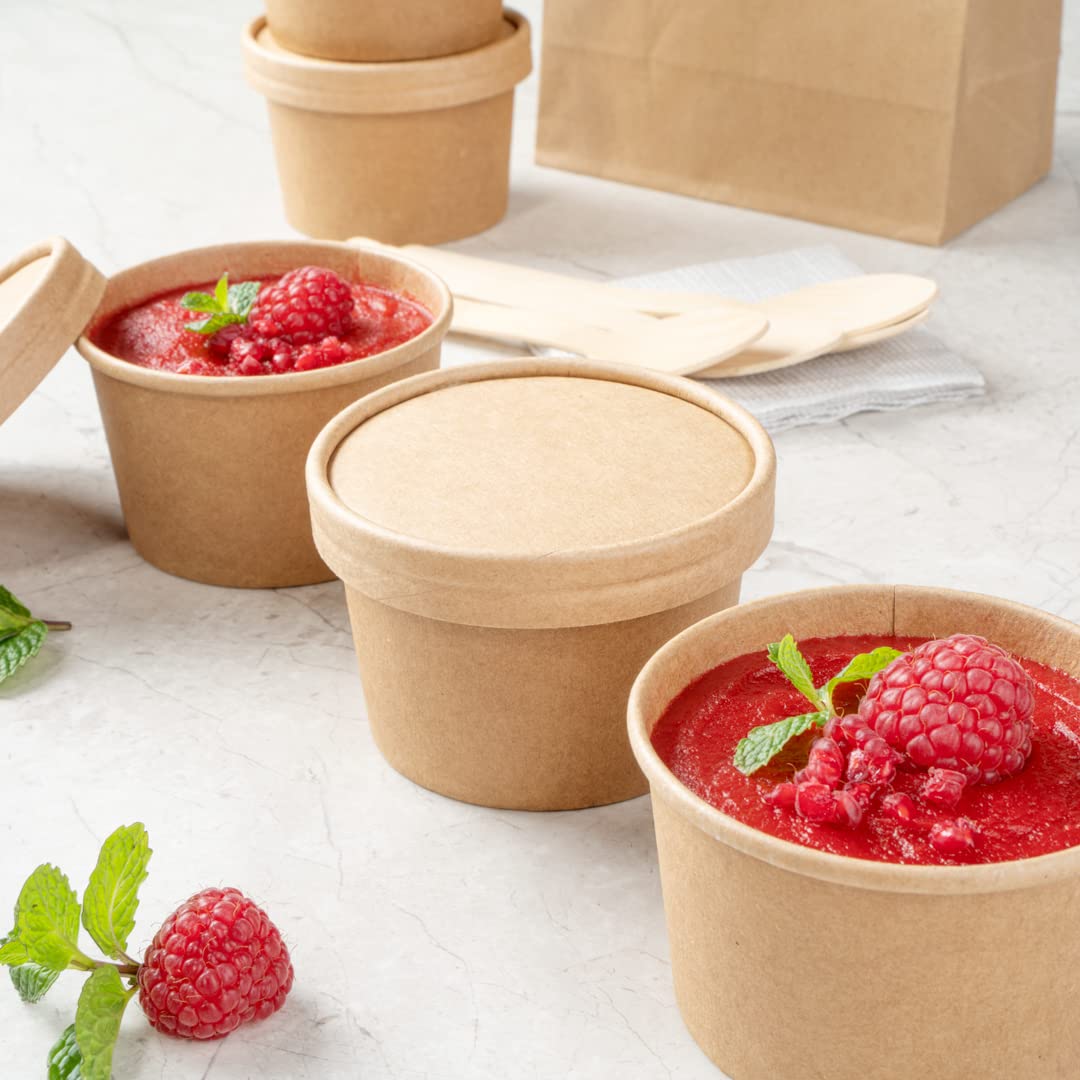 LIDS ONLY: Coppetta Lids For 5 Ounce Ice Cream Cups, 50 Round Treat Cup Lids - Cups Sold Separately, Flat Design, Kraft Paper Lids For Disposable Chili Bowls - Restaurantware