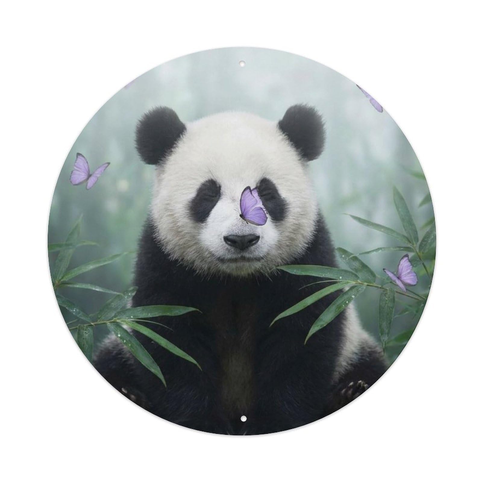 Lavender Butterfly Panda Cub Kawaii Wildlife Bamboo Dream Metal Tin Sign Plaque Wall Decor for Cafe, Man Cave, Club Bar, Office, Home Garden Round Metal Poster 8x8Inch