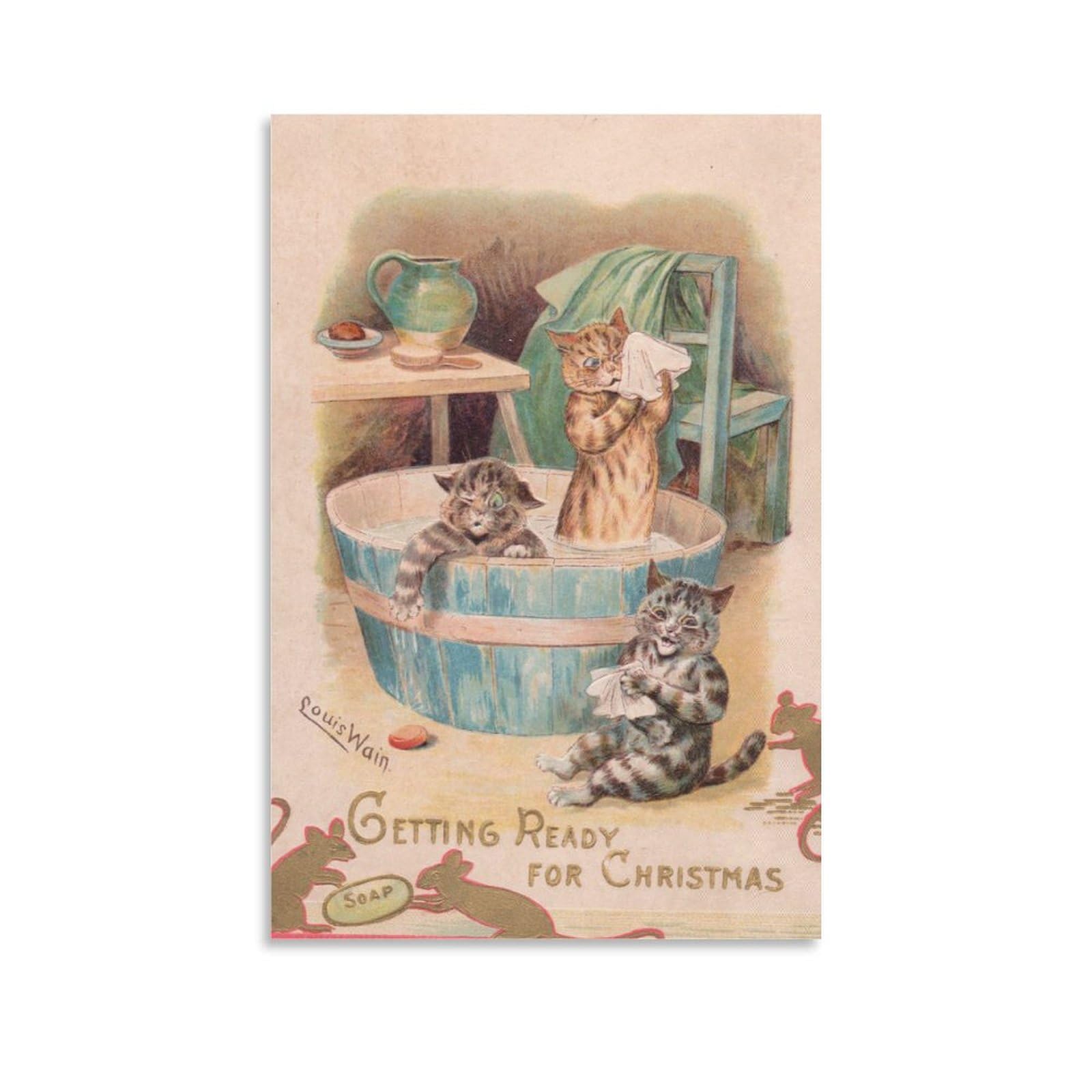 Two Cats in A Bathtub While Two Mice Play with A Bar of Soap, C.1880 By Louis Wain Wall Art Prints Poster Wall Art Poster Scroll Canvas Painting Picture Living Room Decor Home 12x18inch(30x45cm)
