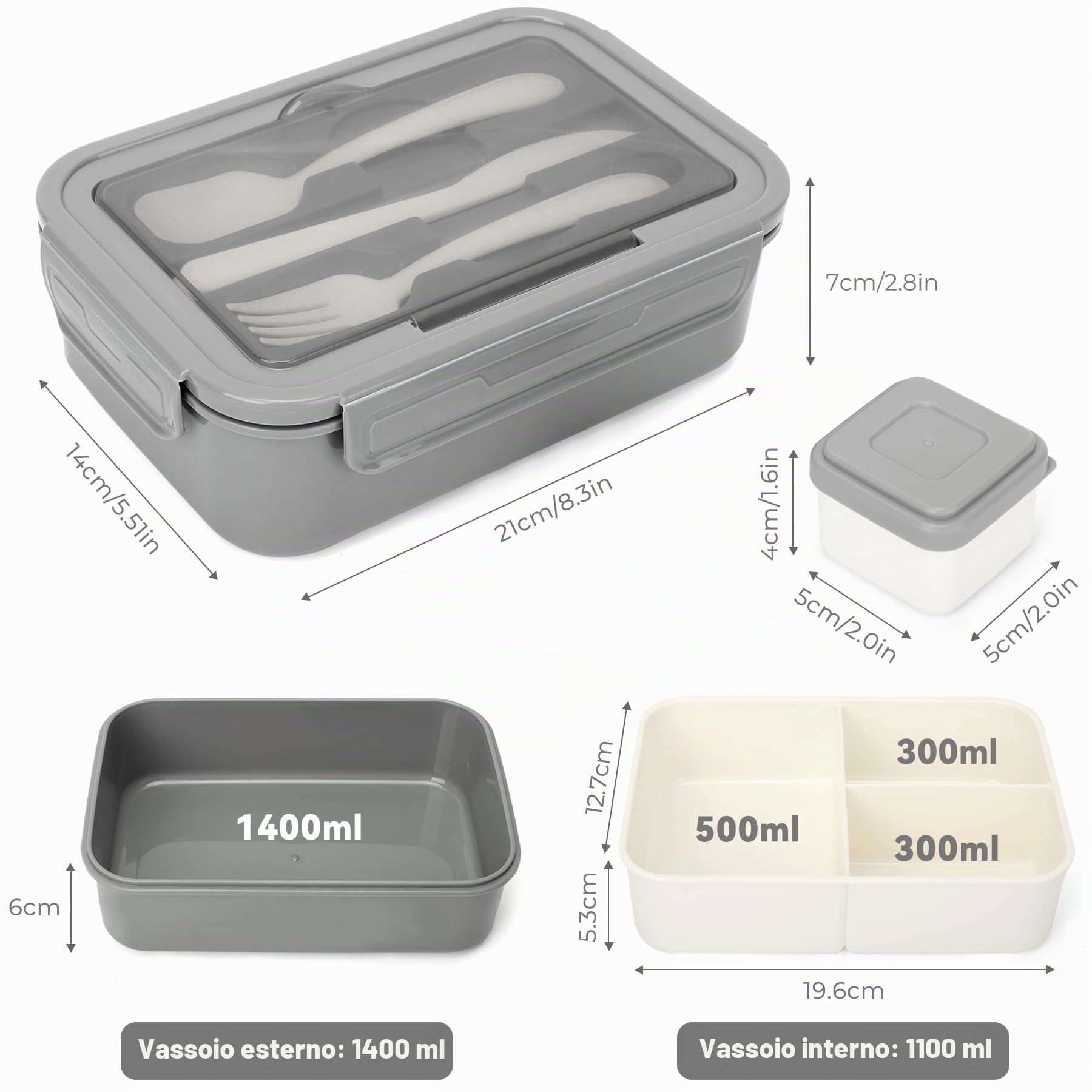 LUZOON Bento Lunch Box,1400ml Bento Box con 3 Scomparti e Posate per Adulti, Porta Pranzo con Posate e Scatola Per Salse,Senza BPA,Sicuri per Microonde e Lavastoviglie (Grigio)