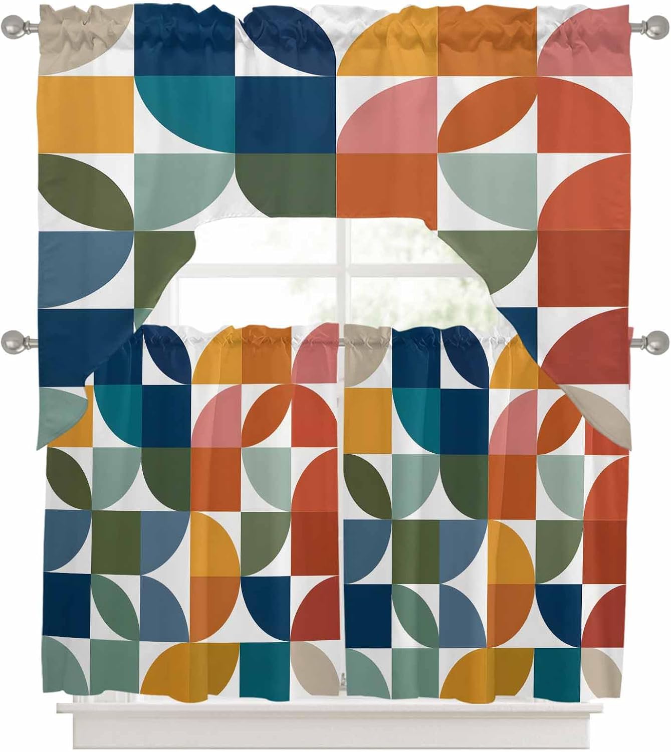 3 Pieces Tier with Swag Window Curtains Set, Bohemia Cafe Curtains 36" Valance with Tiers, 27.5W x 36L Middle Century Abstract Geometric Pattern Colorful Light Filtering for Living Room