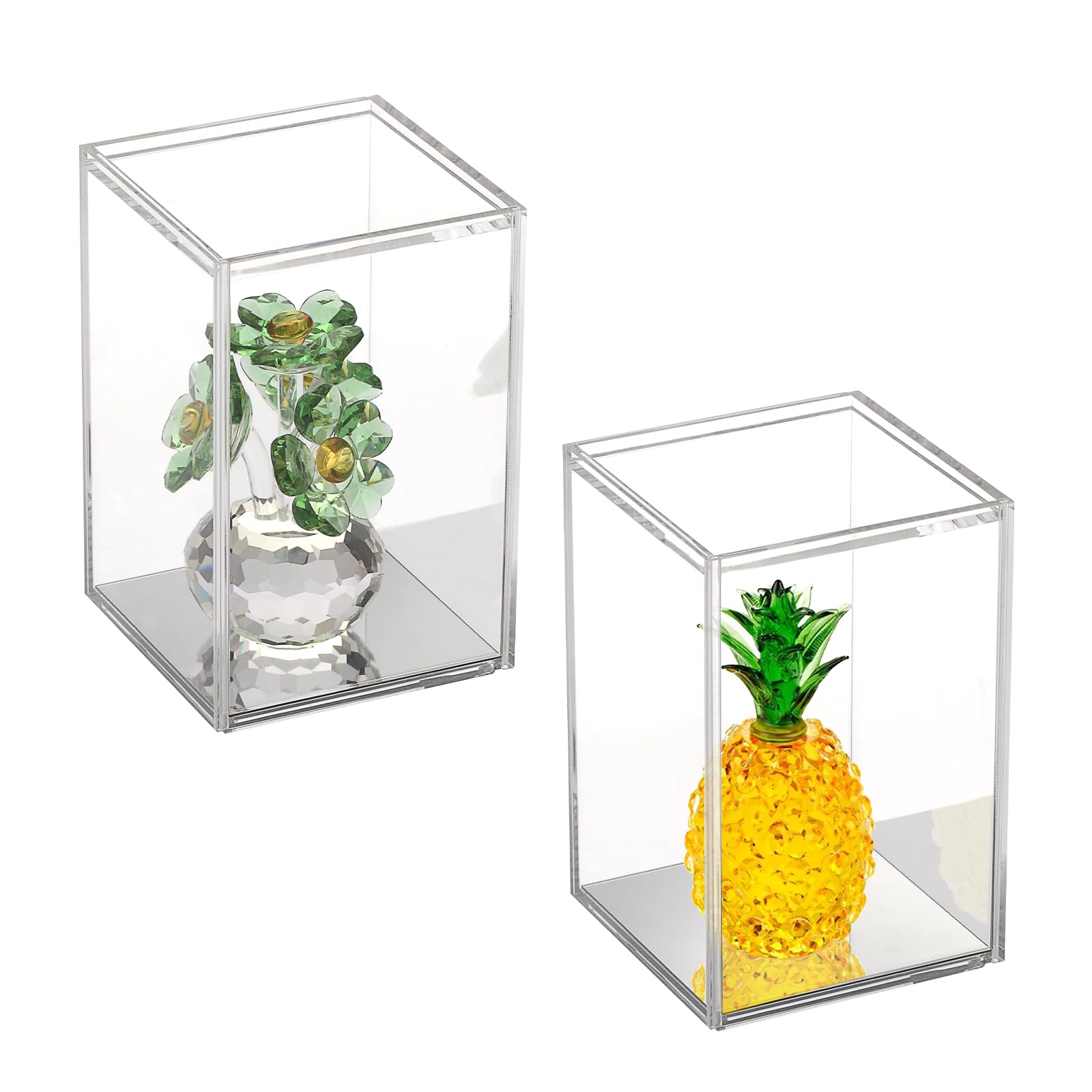 OGANAZI2 Pack Clear Acrylic Stackable Display Boxes with Sliding Lid and Mirror Bottom, Display Storage Boxes Stand, Transparent Showcase for Action Figures, Characters, Shells, 7.6*7.6*11.8cm