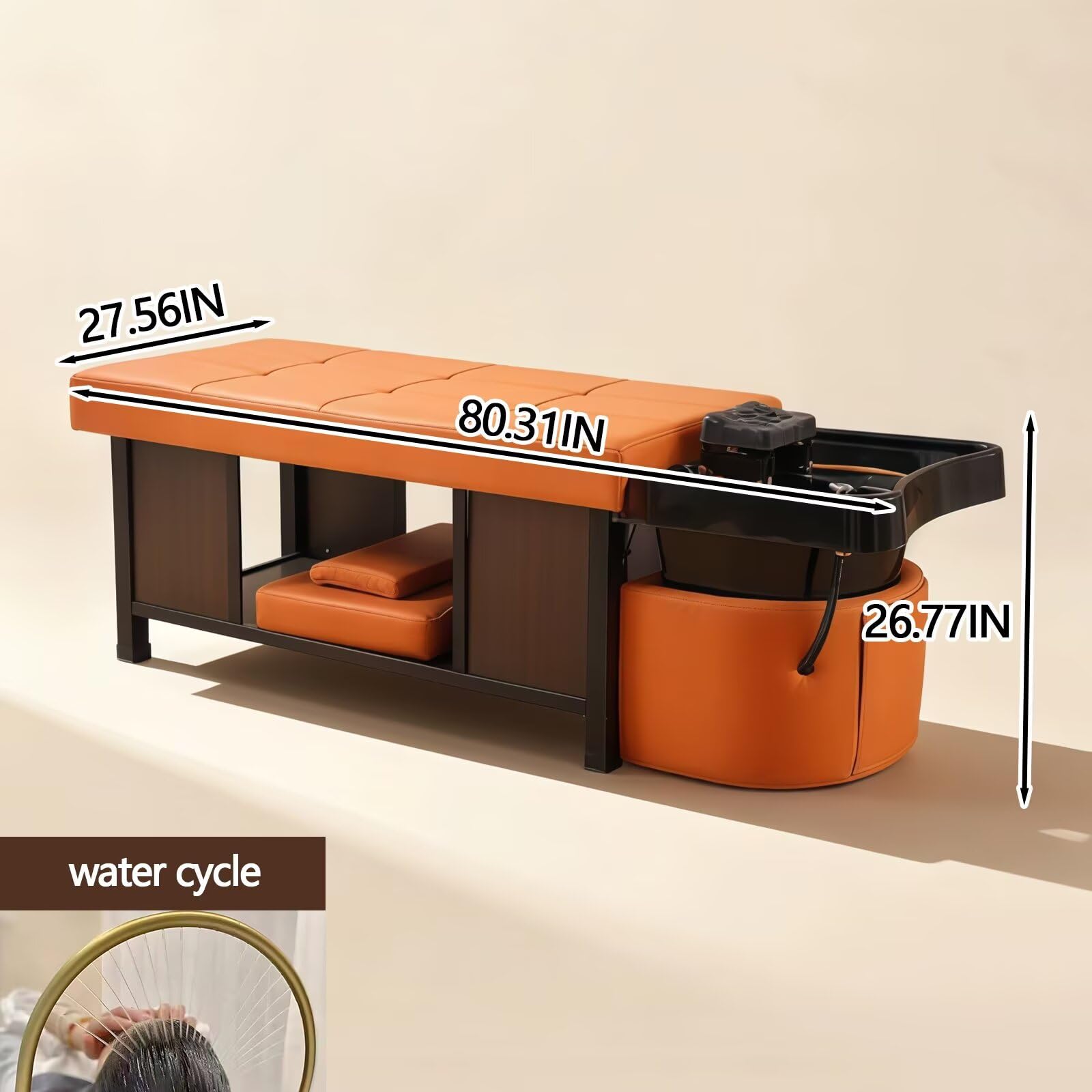 Professionelle Salon-Shampooliege mit Wasserzirkulation, Stauraum, professioneller Shampoofunktion, lebendiger orange-schwarzer Farbgebung, Beauty-Spa-Ausstattung (Schwarz)