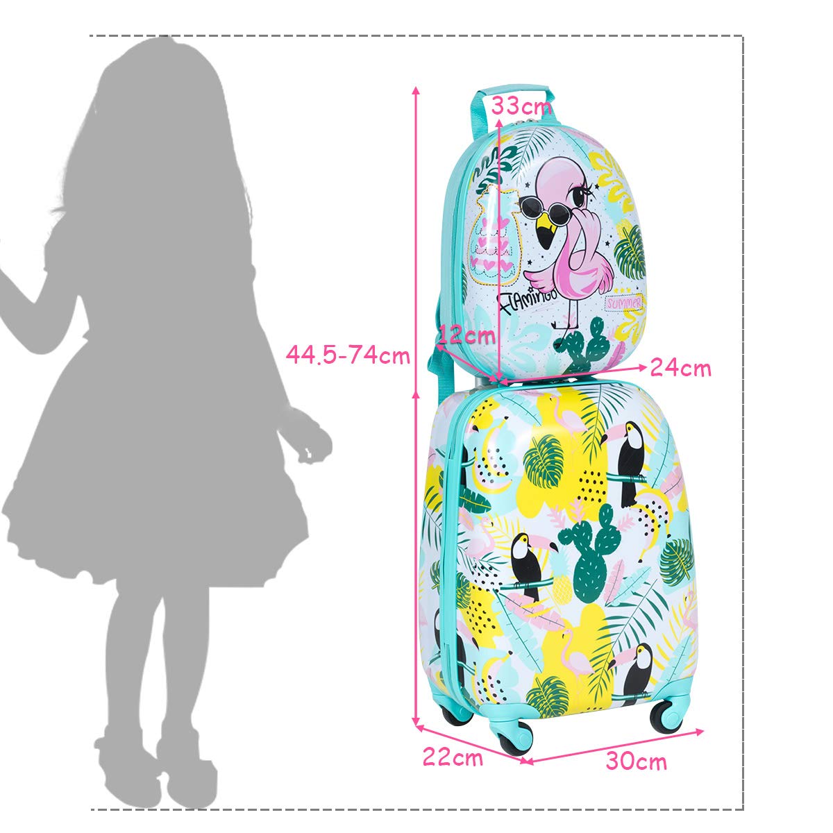 COSTWAY Valise Enfants à roulettes 16’’ & Sac à Dos 12’’ avec Poignée Télescopique, Bagage Enfants avec Motif Flamants, 4 Roues Rotatives, Lot de 2 Valise pour Fille Garçon