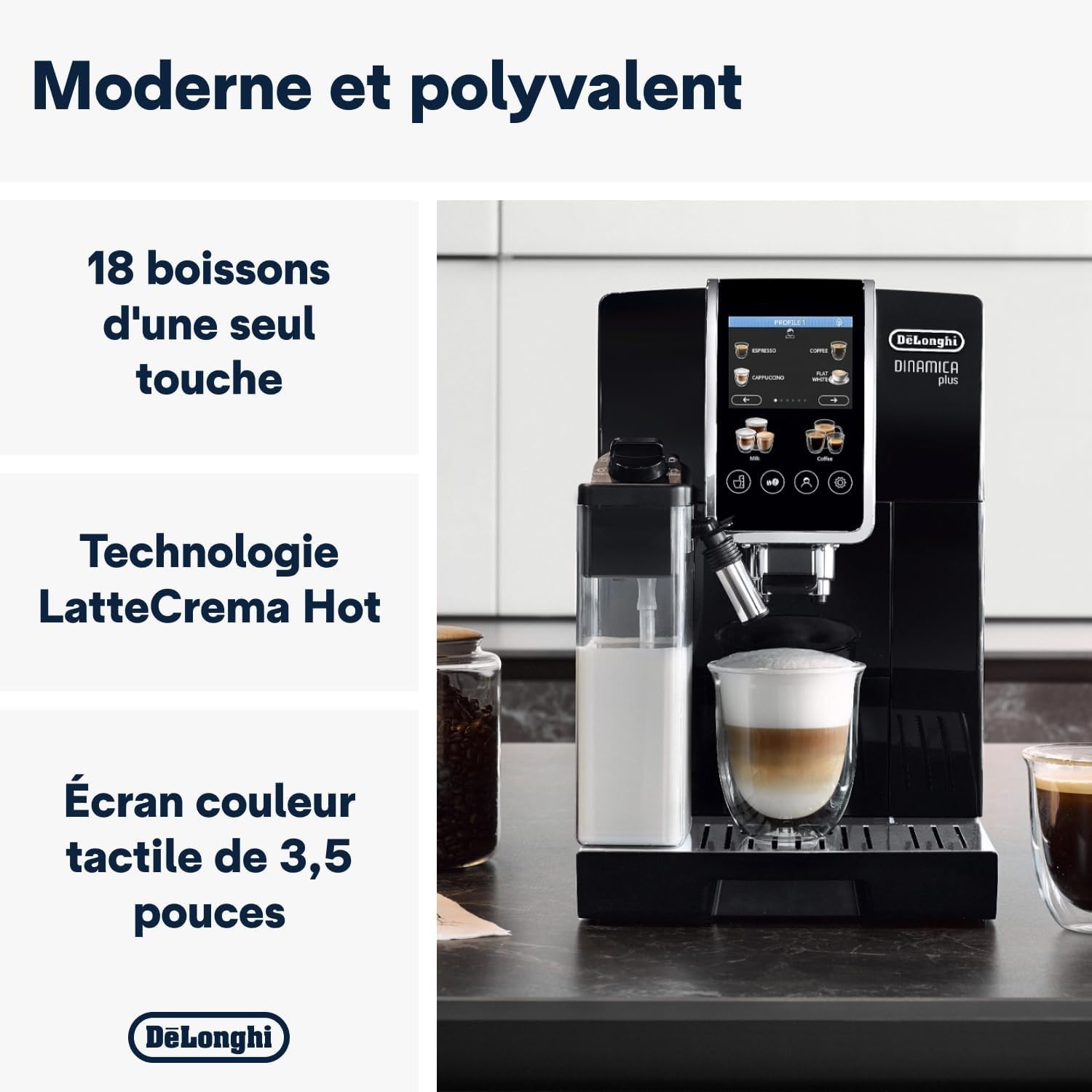 De'Longhi Dinamica Plus ECAM382.70.B, Machine Automatique à Café en Grains, Cafetière avec Technologie LatteCrema, Machine Espresso avec 18 Recettes, Écran TFT 3,5", 1450W, Noir