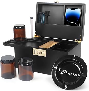 Premium Bamboo Storage Box, Upgraded Piano Coating Surface Decorative Box with Combination Lock, Black Wooden Box Kit with Sliding-Tray, Metal Plate, Alright Jars and Accessories for Great Gift.