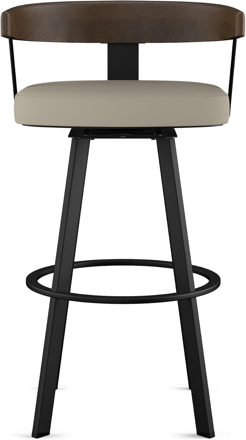 Amisco Lars 26" Swivel Counter Height Barstool, Upholstered Stool with Solid Wood Back and Arms for Kitchen Island or Bar, Drees Stool, Greige Faux Leather/Brown Wood/Black Metal