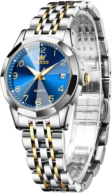 OLEVS Womens Watch Fashion Dress Diamond Female Watches for Ladies Analog Quartz Stainless Steel Waterproof Luminous Day Date Gold/Blue/Black/White Wristwatch