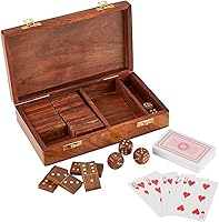 Vista 1 de Juego de caja de juego de mesa, lugar y rollo de oferta, (tarjetas, dominó y dados) con caja de almacenamiento de madera de mango