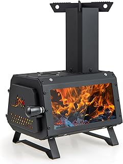 COSTWAY Wood Stove, Camping Burning Stove with Pot Rack, Chimney Pipe and Glass Window, Portable Tent Wood Stove Heater for Picnic Fishing Hiking (28 x 20 x 37 cm)