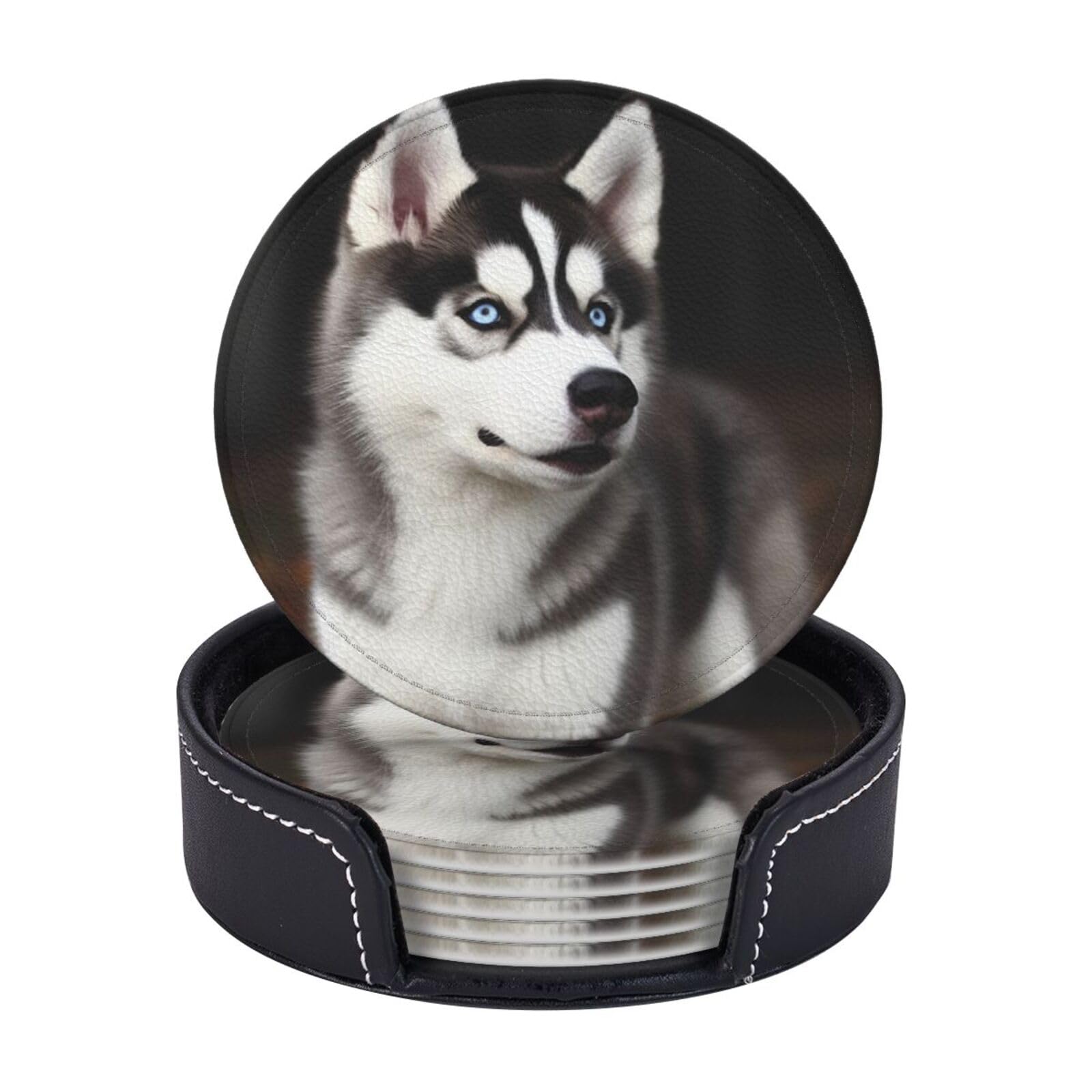 Round Coasters for Drinks Set of 6 - PU Leather Coasters with Holder - Modern Drink Coasters for Coffee Table - Cute Husky Dog Coaster for Tabletop Protection 4" Cup Mat Pad