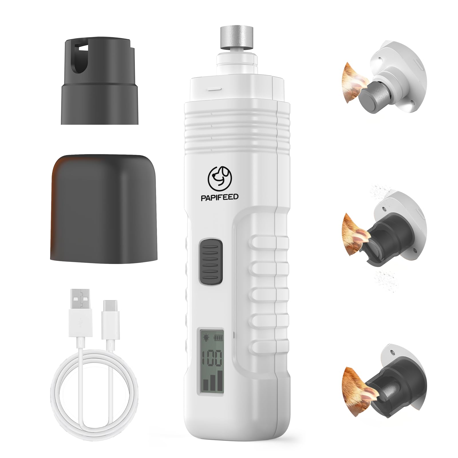 PAPIFFEED Dog Nail Grinder with LCD Display – Quiet Electric Nail Trimmer with Dual LED Light, Safe for Black & Thick Nails, Rechargeable for Small Medium Large Dogs & Cats (White)