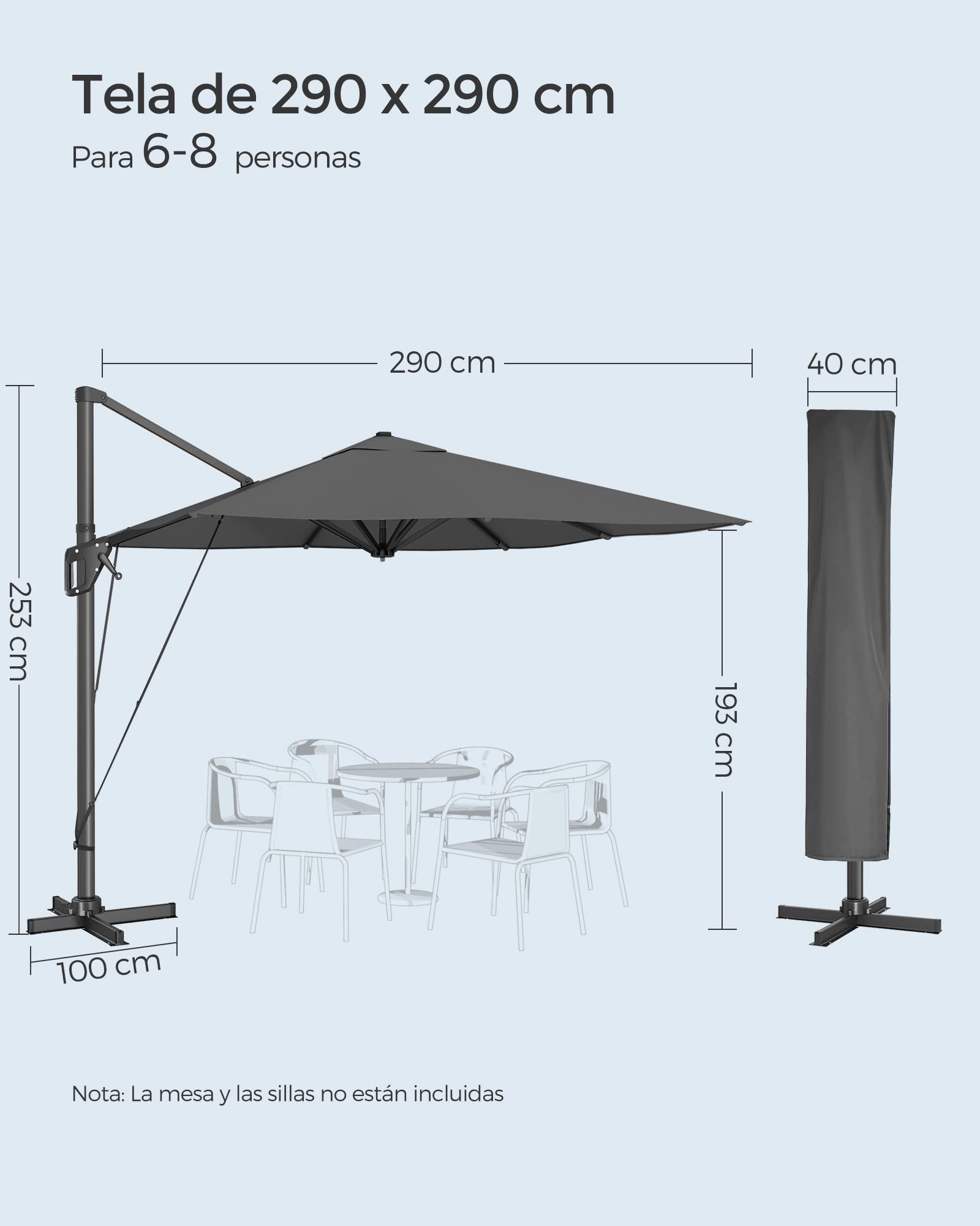 SONGMICS Sombrilla de Jardín de 290 x 290 c, Parasol Excéntrico, UPF 50+, Giratorio 360°, Inclinación Ajustable, con Base en Cruz, Correa de Sujeción y Funda, Gris GPU039G01