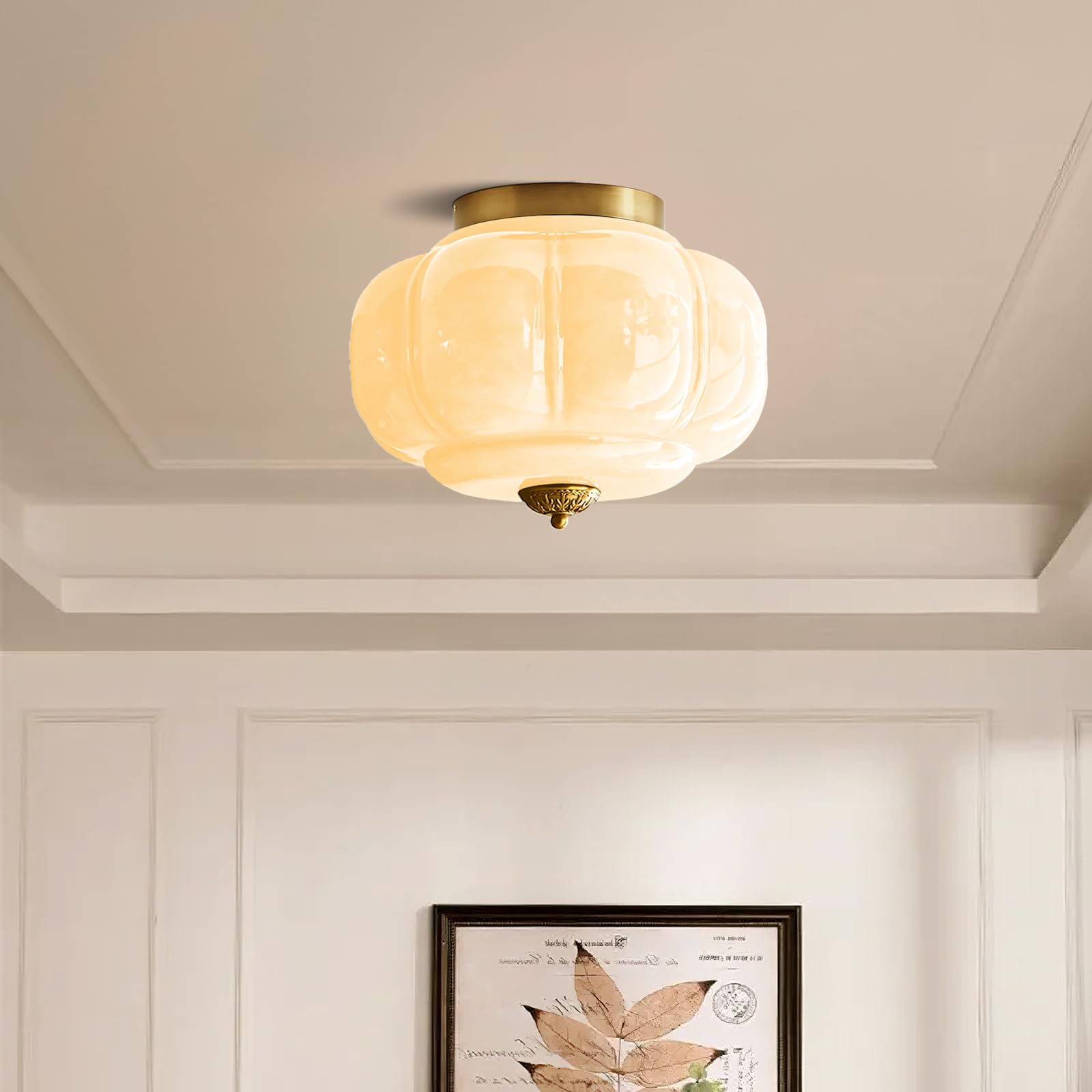 Milk Glass Ceiling Light Fixture - Farmhouse Antique Brass Semi Flush Mount Ceiling Light for Kitchen, Hallway, and Bedroom (Green 15 inch) — view 2