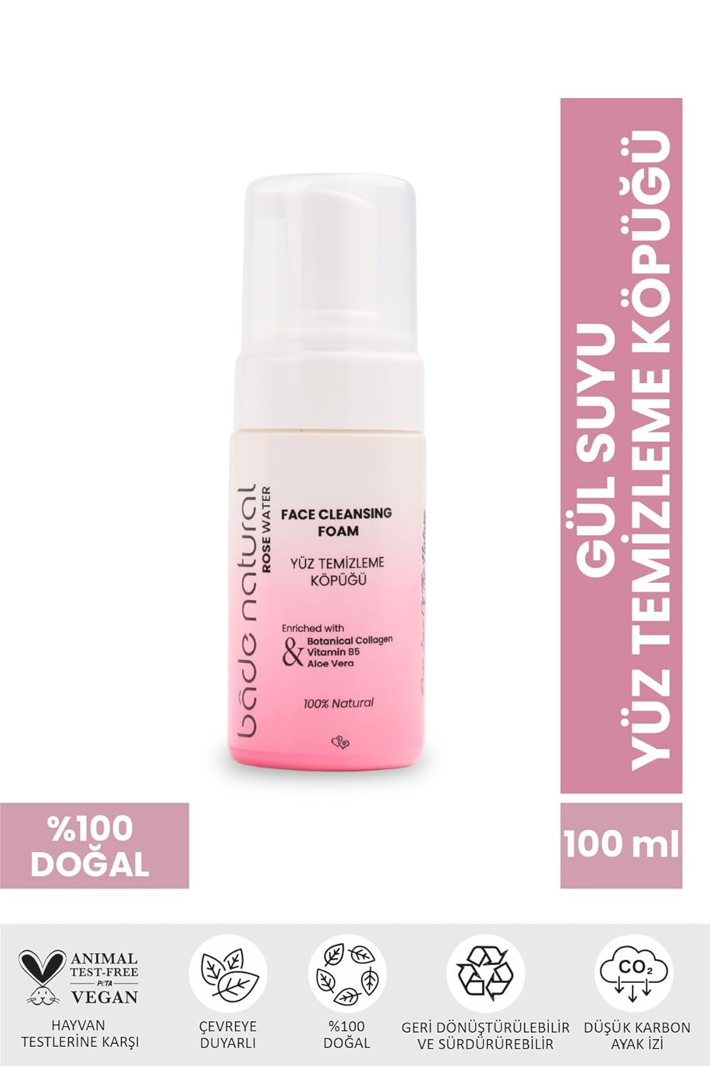 Bade Natural Rosewater Foaming Facial Cleanser – Gentle Vegan Face & Plant-Based Collagen – Hydrating for All Skin Types – 3.4 fl oz (100 ml) - Image 9
