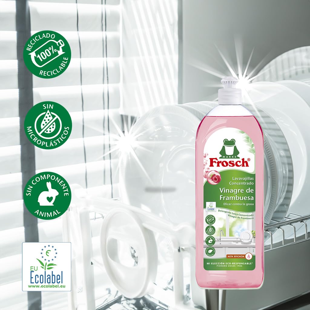 Frosch - Lavastoviglie a Mano Liquido Concentrato Ecologico Aceto di Lampone, Extra sgrassante ed efficacia - Confezione da 10 pezzi x 750 ml