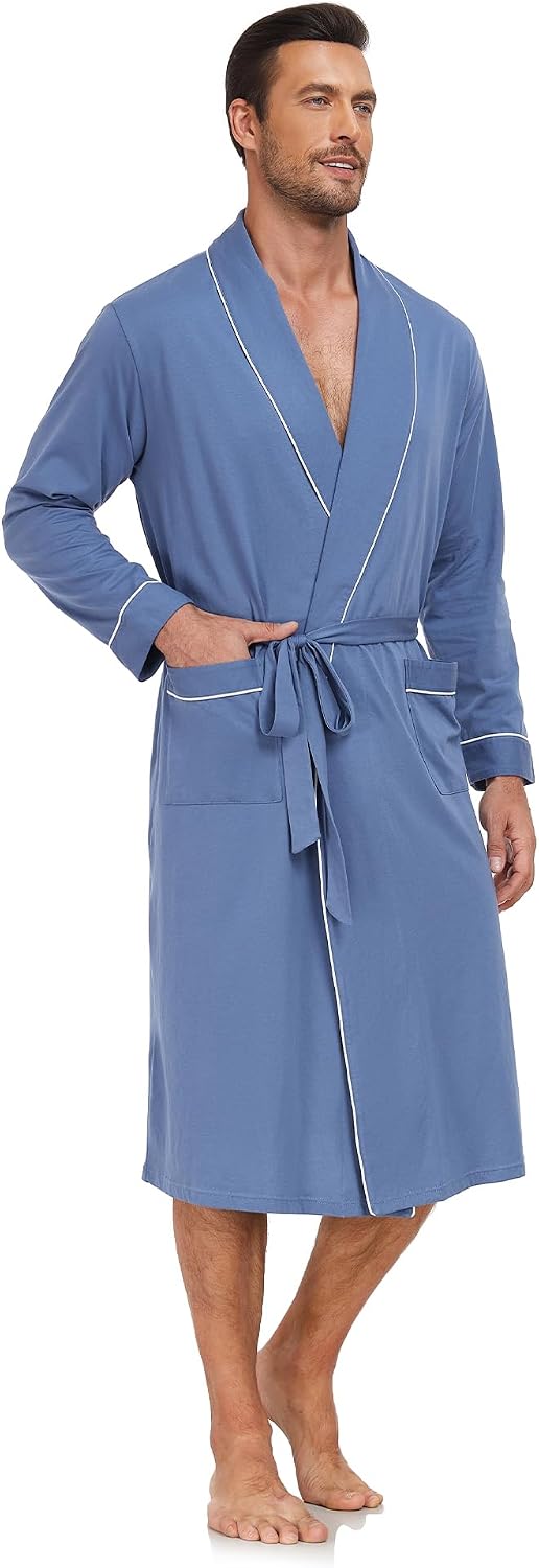 Men's 100% Cotton Robe, Lightweight and Soft, Summer Pure Cotton Luxury Robe，Long Sleeve with Pockets