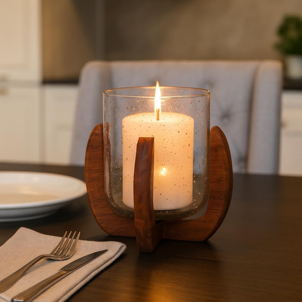 Glass Votive Candle Holder with Wood Base - Decorative Pillar Candlestick Holder for Table Centerpieces - Perfect Home Decor Accent for Living Room, Bedroom, or Bathroom Space - 7" Brown & Clear