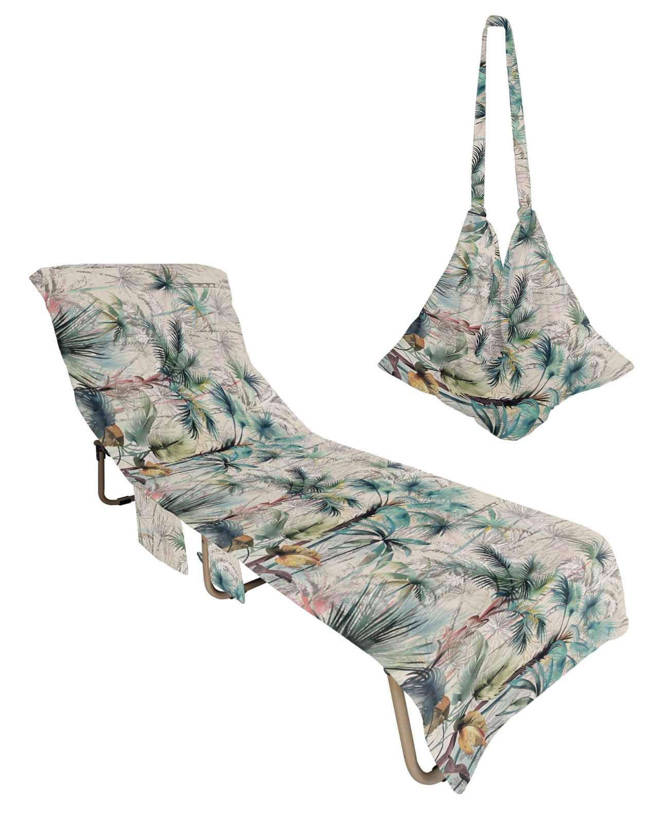 Tropical Beach Chair Towel Covers for Chaise Lounge with Side Pocket, Soft Plush Pool Towels Cover for Patio Sunbathing Outdoor 29''x85'' Green Palm Coconut Trees Rustic Summer Beach