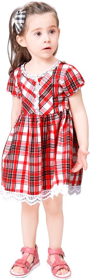 Aikobaby Baby Girls Short Sleeve Plaid Lace Princess Dresses Summer Skirts (Red, 24-30 Months)