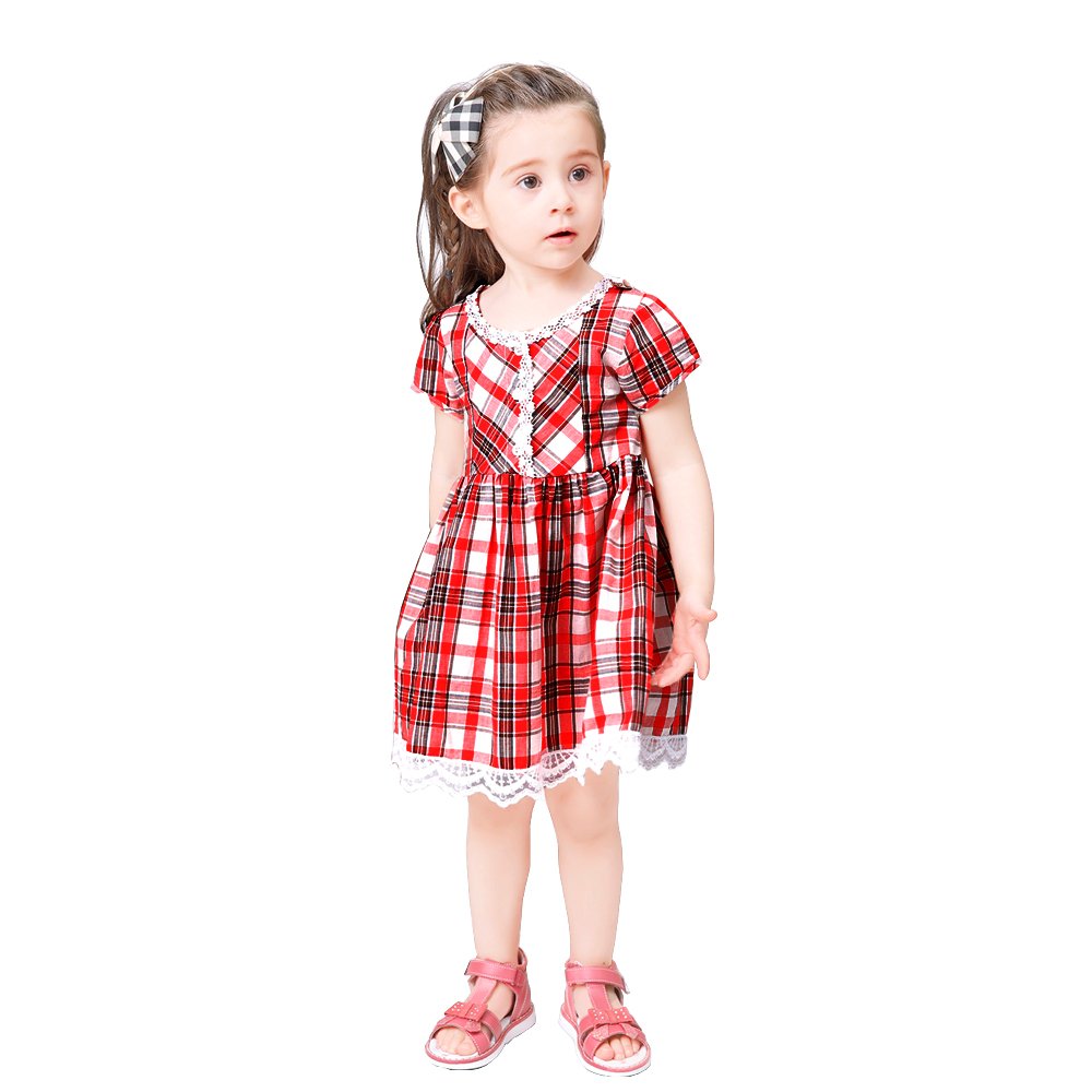 Aikobaby Baby Girls Short Sleeve Plaid Lace Princess Dresses Summer Skirts (Red, 24-30 Months)