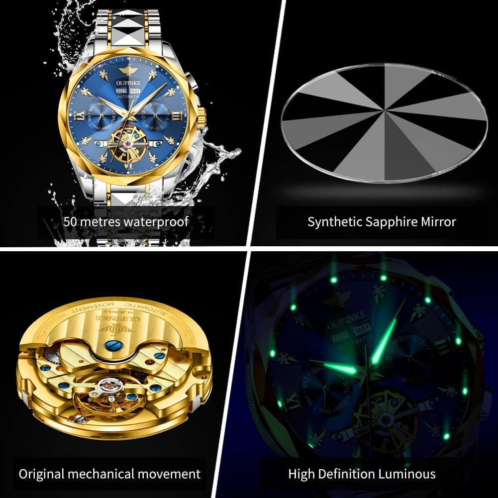 OUPINKE Men’s Watches Automatic Self-Winding Luxury Diamond Mirror Skeleton Mechanical Watch Date Dress Business Tungsten Steel Waterproof Luminous Wrist Watches for Men - Image 5