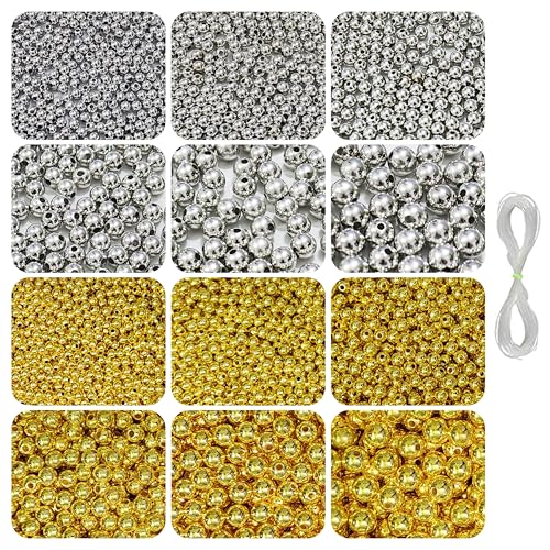 Image of 1800 Pcs Golden & 1800 Pcs Silver Beads for Bracelets Making - Beads for Jewellery Making Kit, Beading, Bead Craft, Crafting, Beadwork, Pearls for Craft - 4, 5, 6, 8, 10, 12MM - 360g