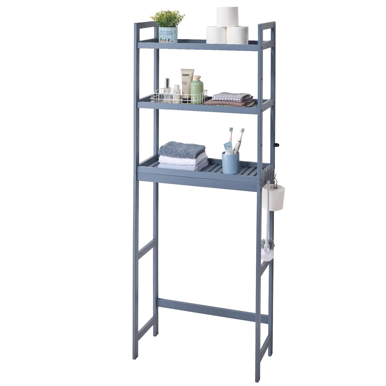 VEVOR Estante para Inodoro Ajustable de 3 Niveles Almacenamiento sobre Inodoro Estantería de Madera para Baño con 3 Ganchos Mueble de Baño Adecuado para la Mayoría de los Inodoros, Lavadero, Gris