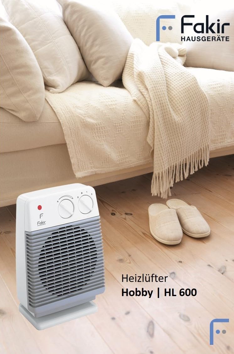 Fakir HL 600 Hobby/termowentylator łazienkowy, wentylator stołowy, z 2 poziomami ogrzewania, w zestawie zawór termostatowy, bardzo cichy – 2000 W, kolor jasnoszary
