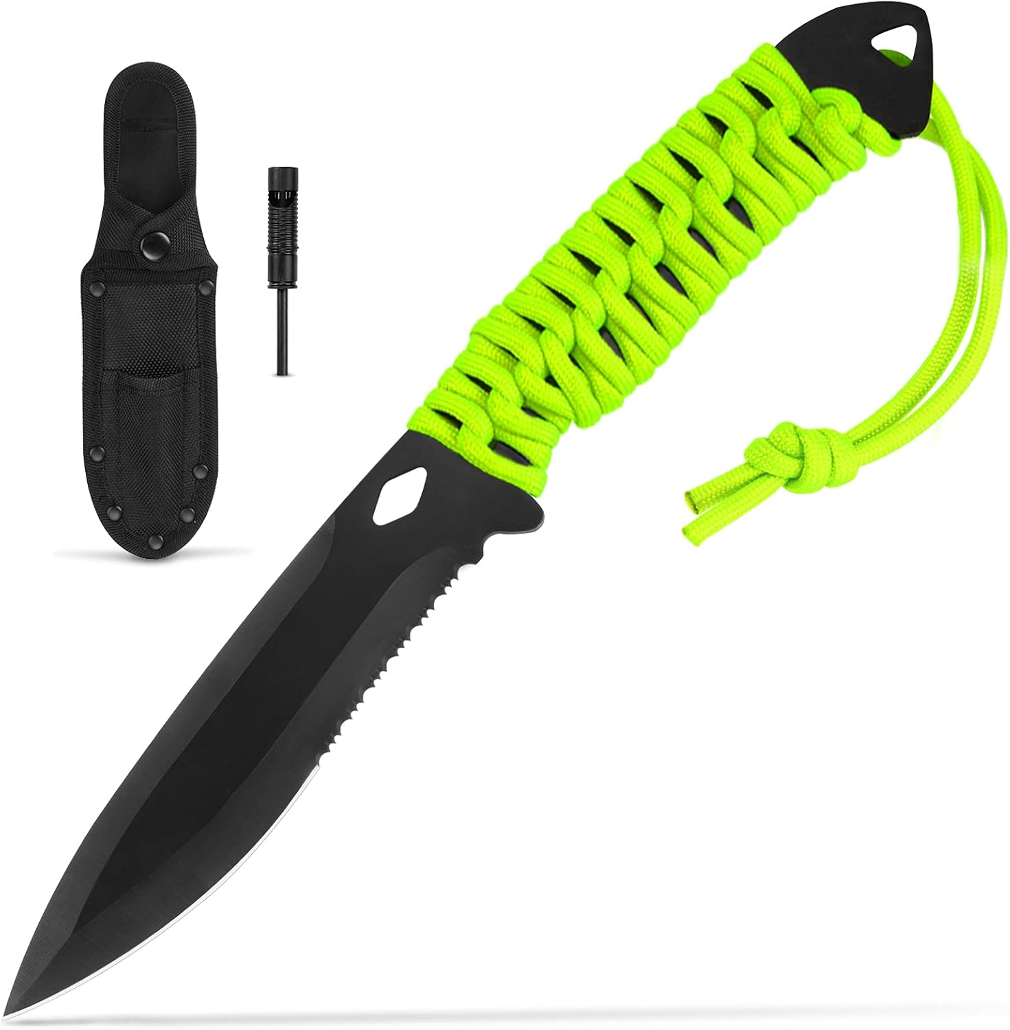 Extremus Hunting Knife with Serrated Edge, Fixed Blade Survival Knife with Cordura Sheath, 750 lb. Rated Paracord Handles, Includes Magnesium Fire Starter/Whistle, 5-Inch : Sports & Outdoors