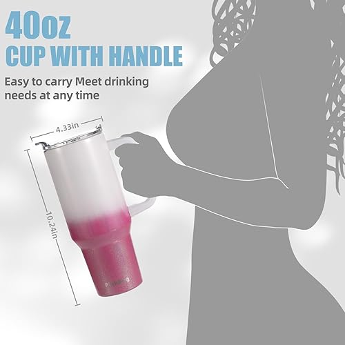 Miniatura 2 de Vaso de 40 onzas con asa y tapa con pajilla, reutilizable, aislado, de acero inoxidable, botella de café de viaje, botella de agua térmica 100% a