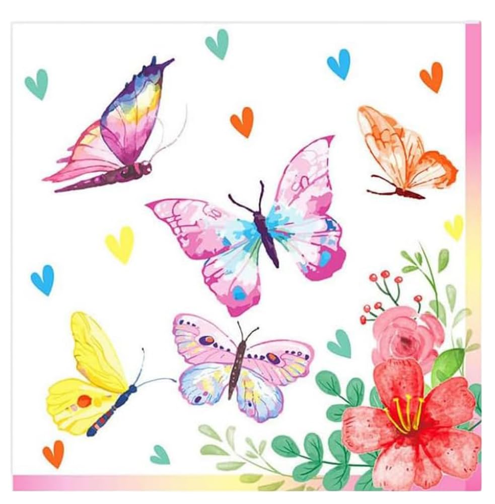 WANNA PARTY Butterfly Theme Paper Napkins β Pack of 20, Decorative Tissues for Girlsβ Birthday, Kids Supplies, Colorful Butterfly Design for Tableware, Disposable Napkins for Celebrations