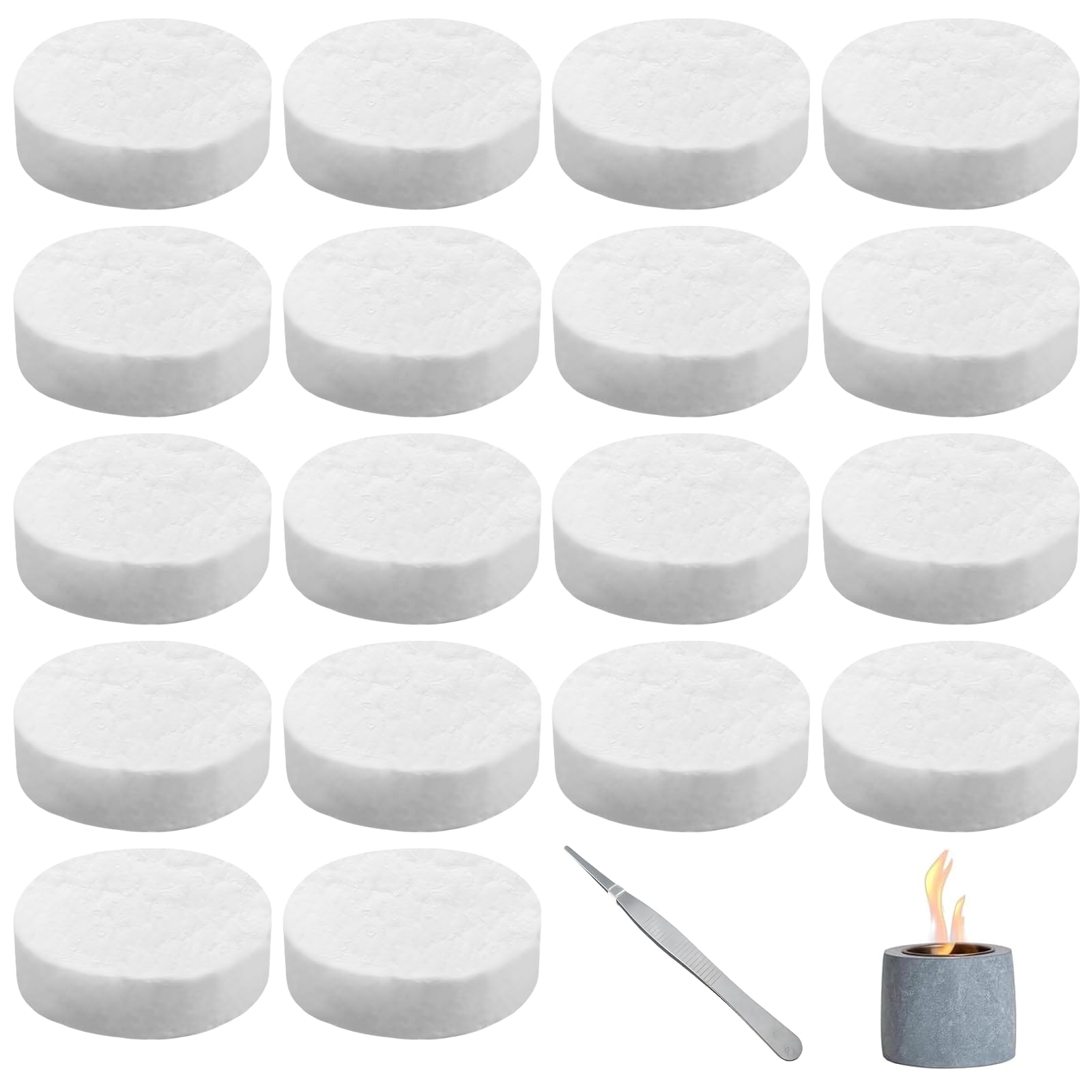 Lana de cerámica para bioetanol: 18 esponjas de cerámica para chimenea con pinzas de 20 cm, 8,6 x 8,6 x 2,5 cm, esponja de cerámica redonda resistente al calor, lana de cerámica, para chimeneas
