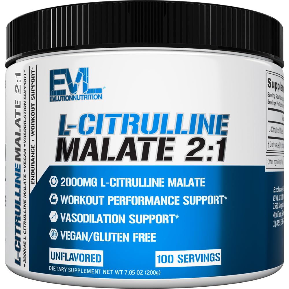 L-citrulina malato 2:1 de Evlution Nutrition - 200 mg - Mejora el rendimiento deportivo - Favorece la vasodilatación - Suplemento dietético - Vegano y sin gluten - 100 raciones - Sin sabor