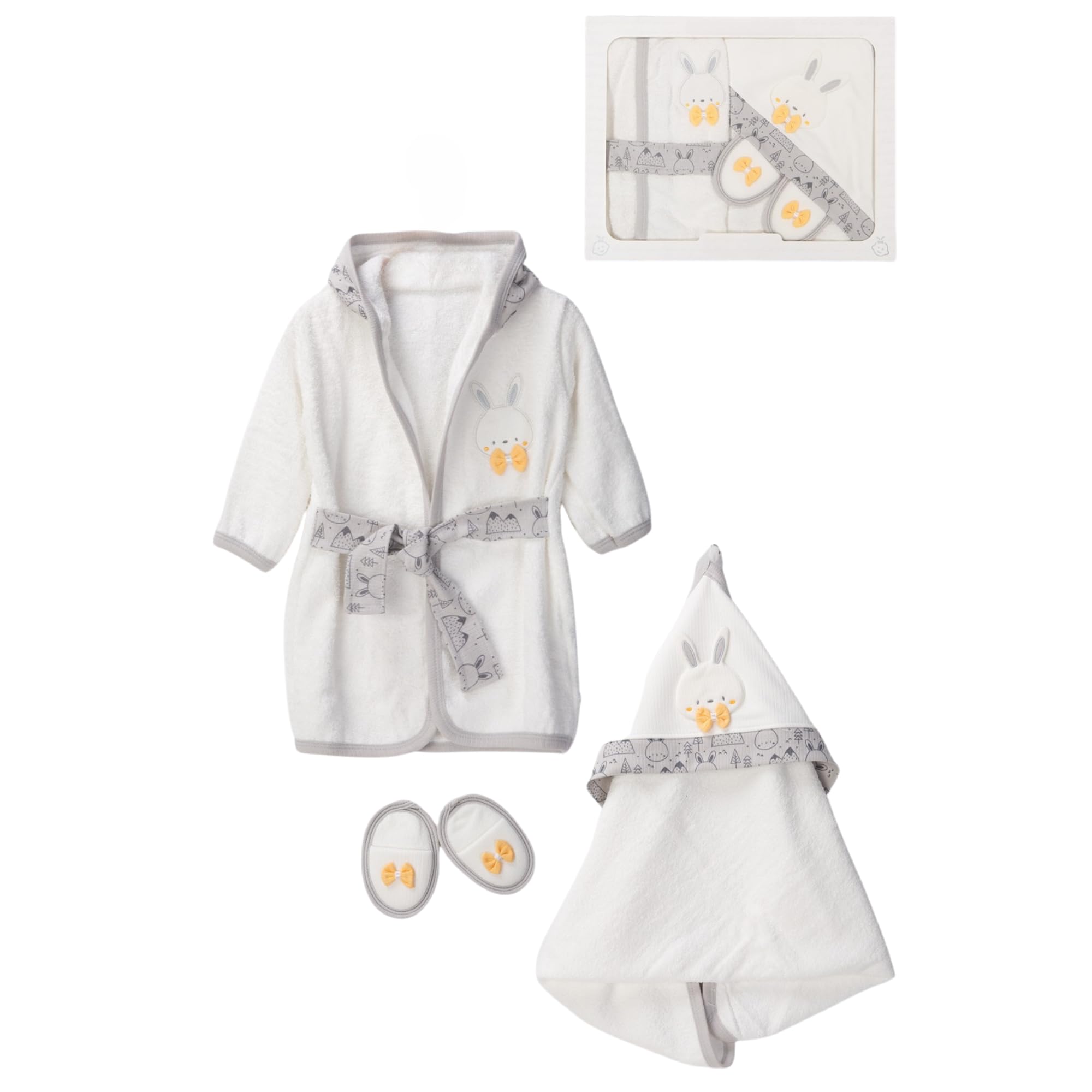 Bebelop Boys Gray-Bunny Ii Kids And Baby Bathrobe Set 3 Pcs | Cotton Bathrobe, Towel And Slippers Set For 0-24 Months Baby And Child | Soft Babys Bathrobes For And Girls