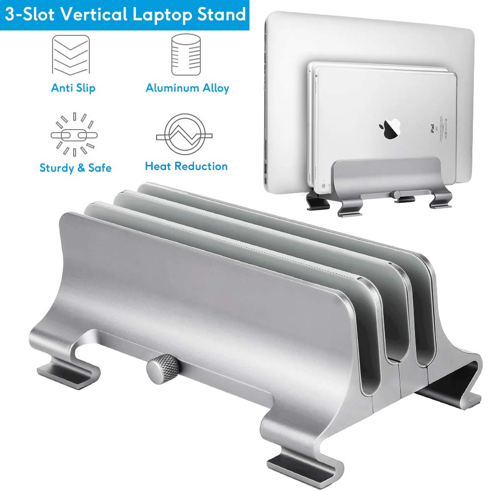 Vertical Laptop Stand [Updated Version],3-Slot Space-Saving Aluminum Desktop Stand Holder with Adjustable Dock Size Compatible for All MacBook/HP/Dell/Surface/Samsung/Chrome Book(Silver)