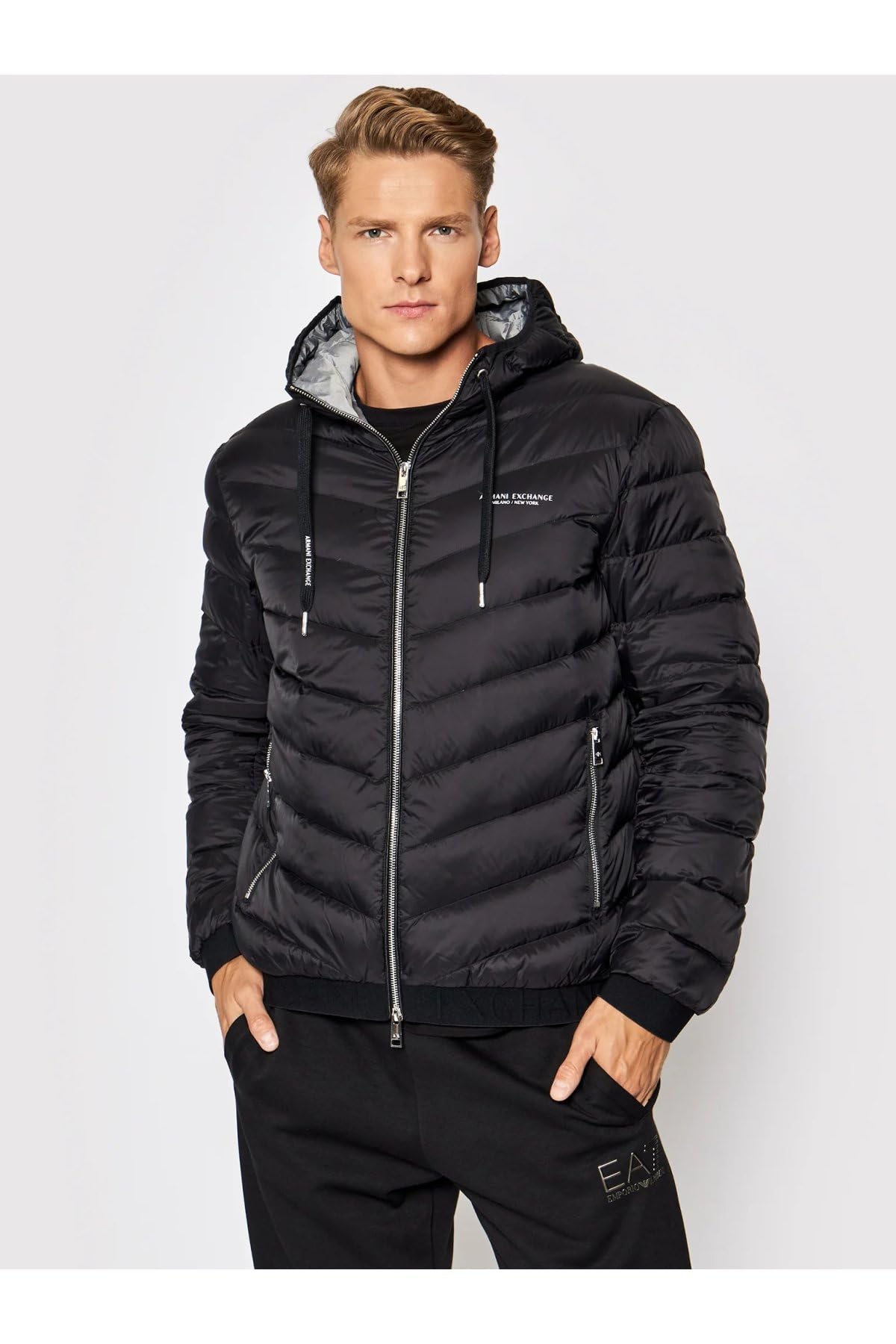 ARMANI EXCHANGE Giacca Trapuntata con Cappuccio E Chiusura Lampo, Logo Milano/New York Shell Uomo