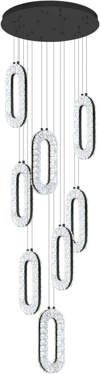 Modern Crystal Chandelier 6 Ring Chandeliers for High Ceiling Black Large Pendant Lighting High Ceiling Light for Living Room Staircase Foyer