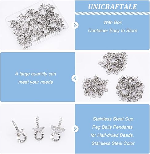 Miniatura 5 de UNICRAFTALE 90 piezas de 3 tamaños colgantes de acero inoxidable con forma de perla, pasador de perla, pasador de perla, pasador de ojo de taza de 4