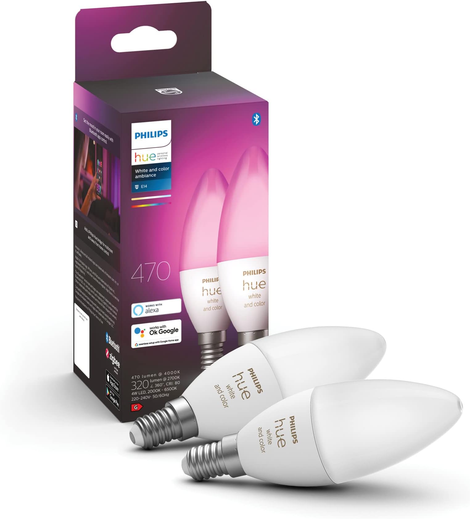 Philips Hue White & Colour Ambiance E14 Smart LED Candle Bulbs (2‑Pack) – 470 lm, Voice Control, Bluetooth & App, Works with Alexa, Google Assistant & Apple HomeKit,929002294205
