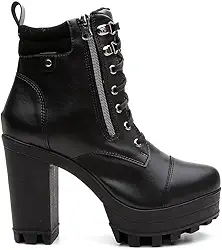Bota Coturno Tratorado Feminino Vicerinne Preto Rockeira Salto Plataforma Zíper Cadarços