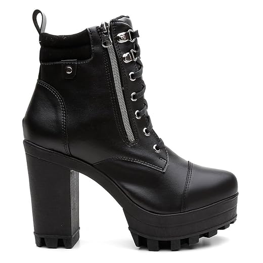 Bota Coturno Tratorado Feminino Vicerinne Preto Rockeira Salto Plataforma Zíper Cadarços
