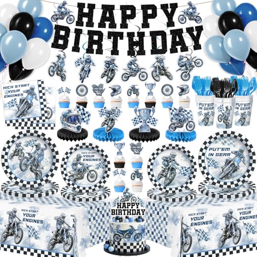 182 Pcs Dirt Bike Birthday Party Decorations(Serves 24) motocross birthday party decorations Include Banner Hanging Backdrop Plates Napkins Cups Forks Tablecloth Topper Balloons for Party