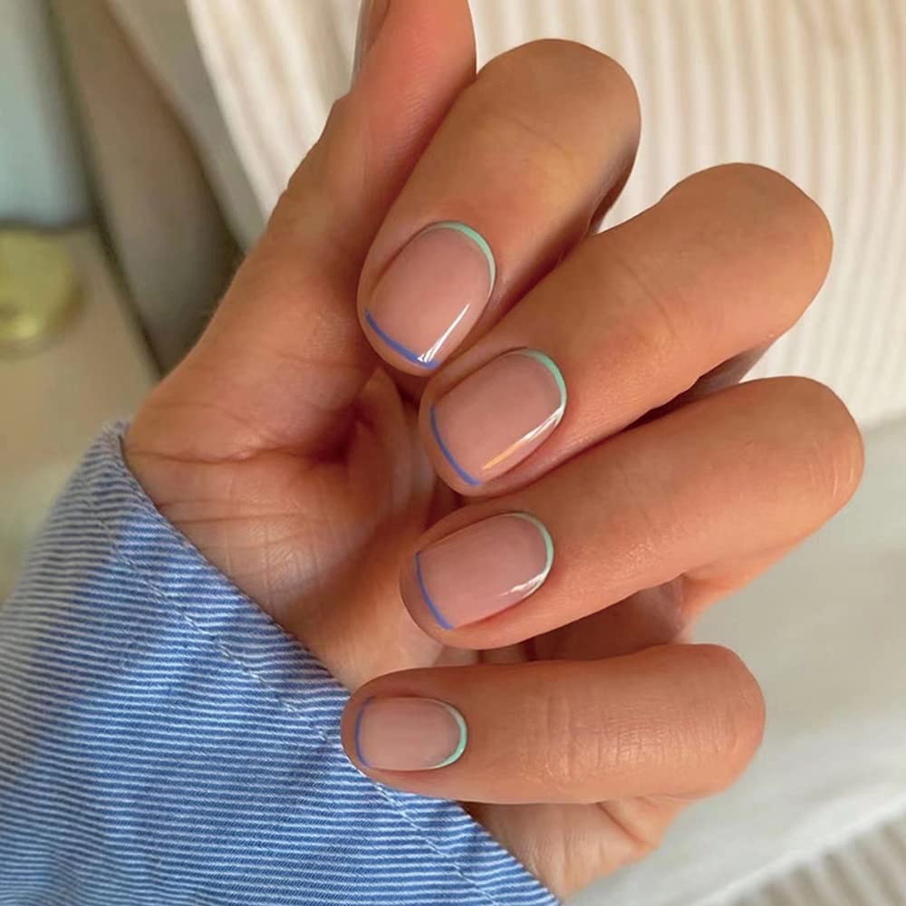 Short Press on Nails, BettyCora French Nails 12 Sizes 24 Pcs Fake False Nail Kit with Nail Glue,Green Blue French