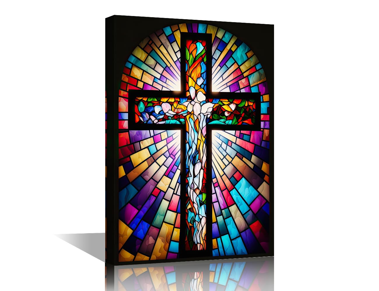 TISHIRON 1 Panel Christian Canvas Wall Art Stained Glass Cross Posters & Prints Artwork Religion Contemporary Home Decor Framed for Living Room Bedroom Home Office Decor, 24x16in