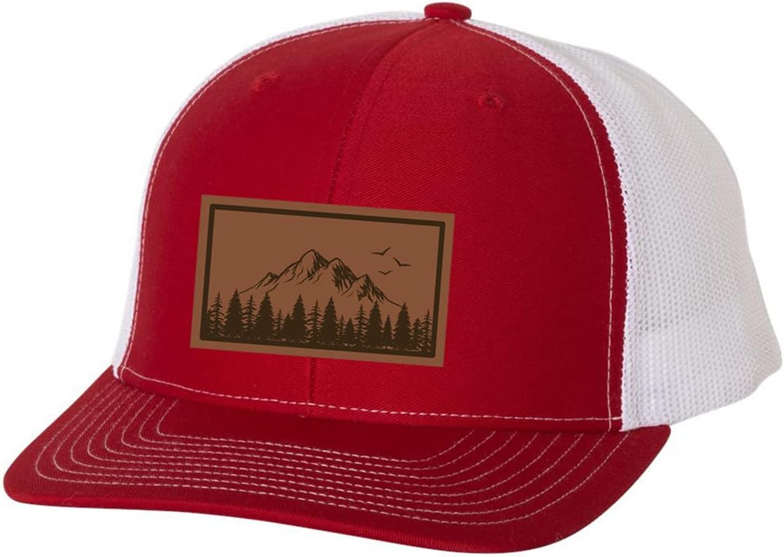 Trenz Shirt Company Mountain Scene Tamarak Pine Forest Laser Engraved Leather Patch Mesh Back Trucker Ha