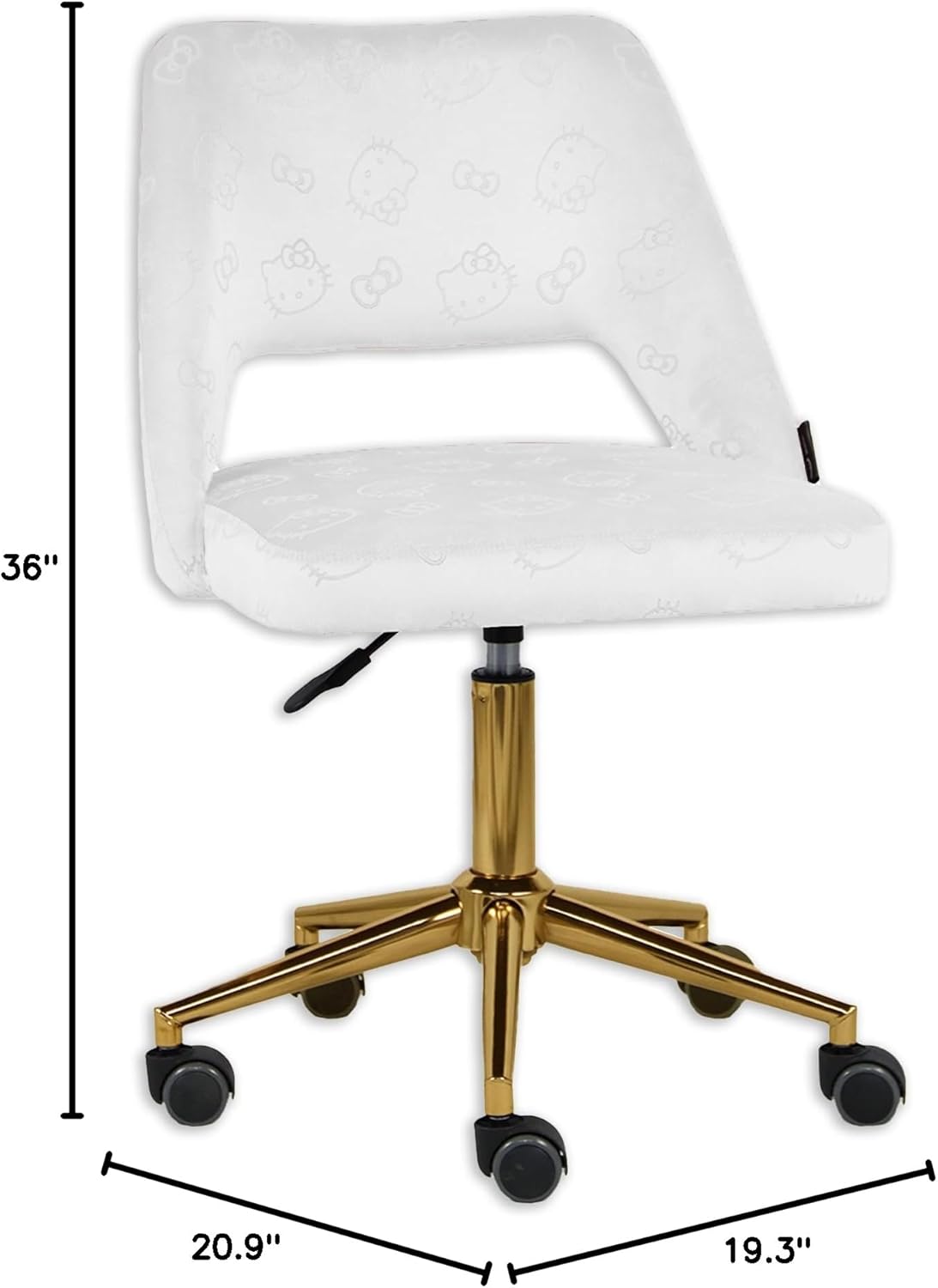 Impressions Vanity Hello Kitty Velvet Vanity Chair with Back, 360 Degrees Swivel Cute Desk Chair with Wheels, Golden Rolling Base Adjustable Height Makeup Chair for Bedroom (White)