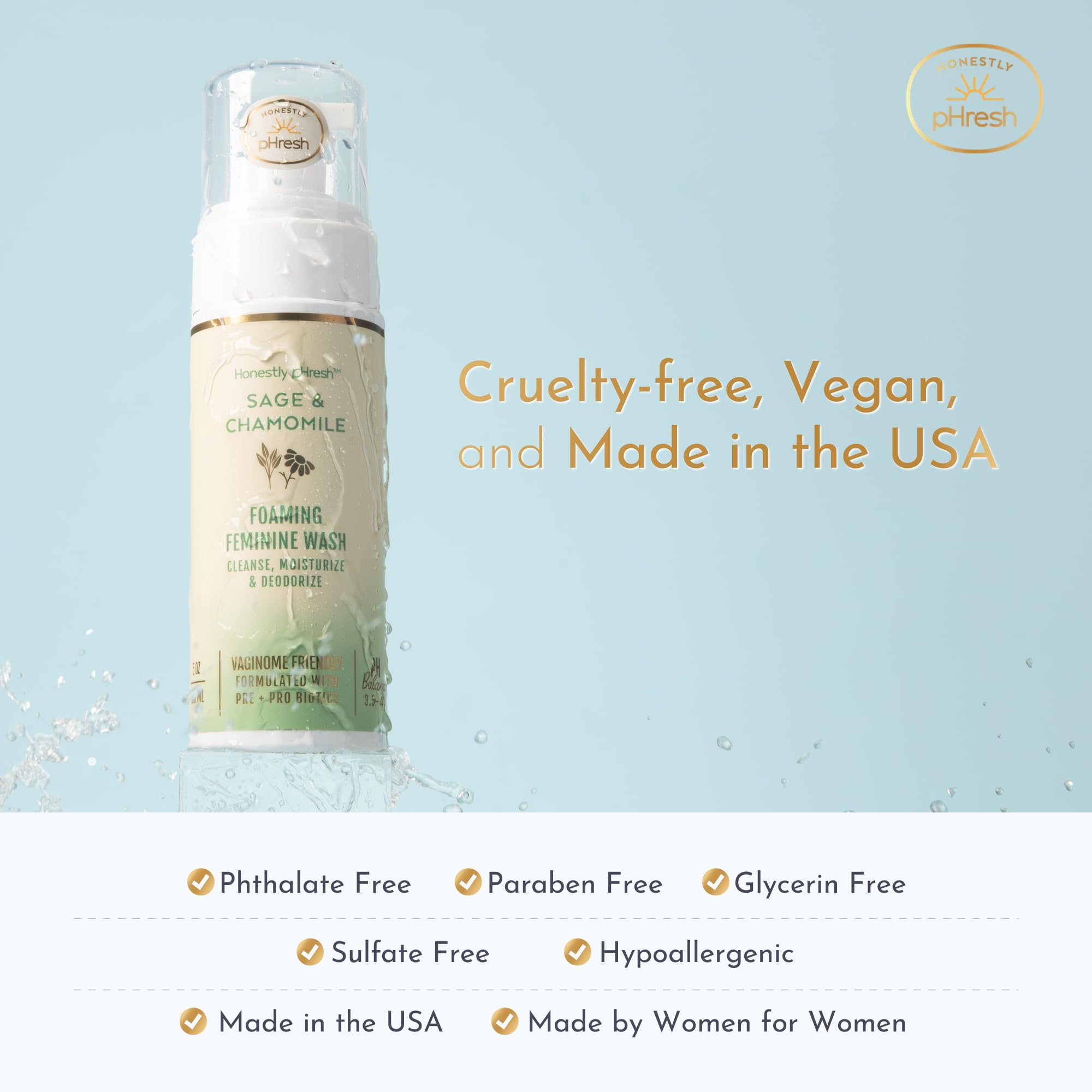 Honestly pHresh Foaming Feminine Wash for Women – pH Balanced Natural Intimate Cleanser with Prebiotics & Probiotics. Vegan, Sensitive Skin Safe. Made In USA - Rose & Bergamot Scent, 5 oz